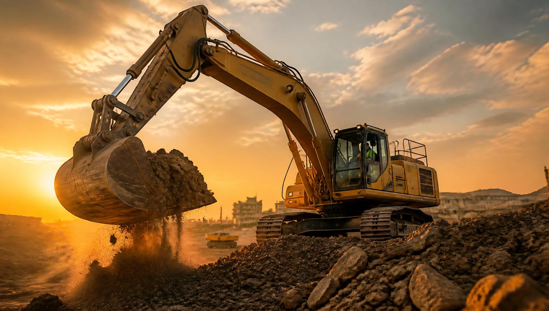 Excavator bekerja di lokasi proyek konstruksi saat golden hour